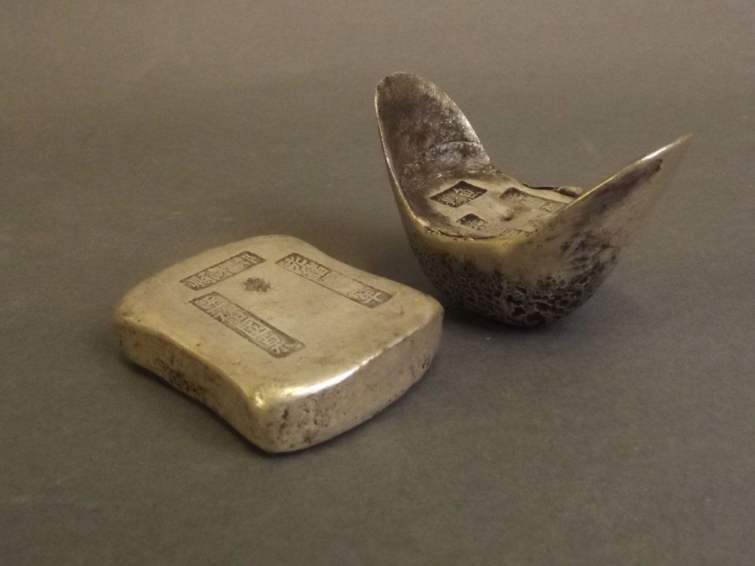 Two Chinese white metal trade tokens/ingots, impressed (1 of 3)