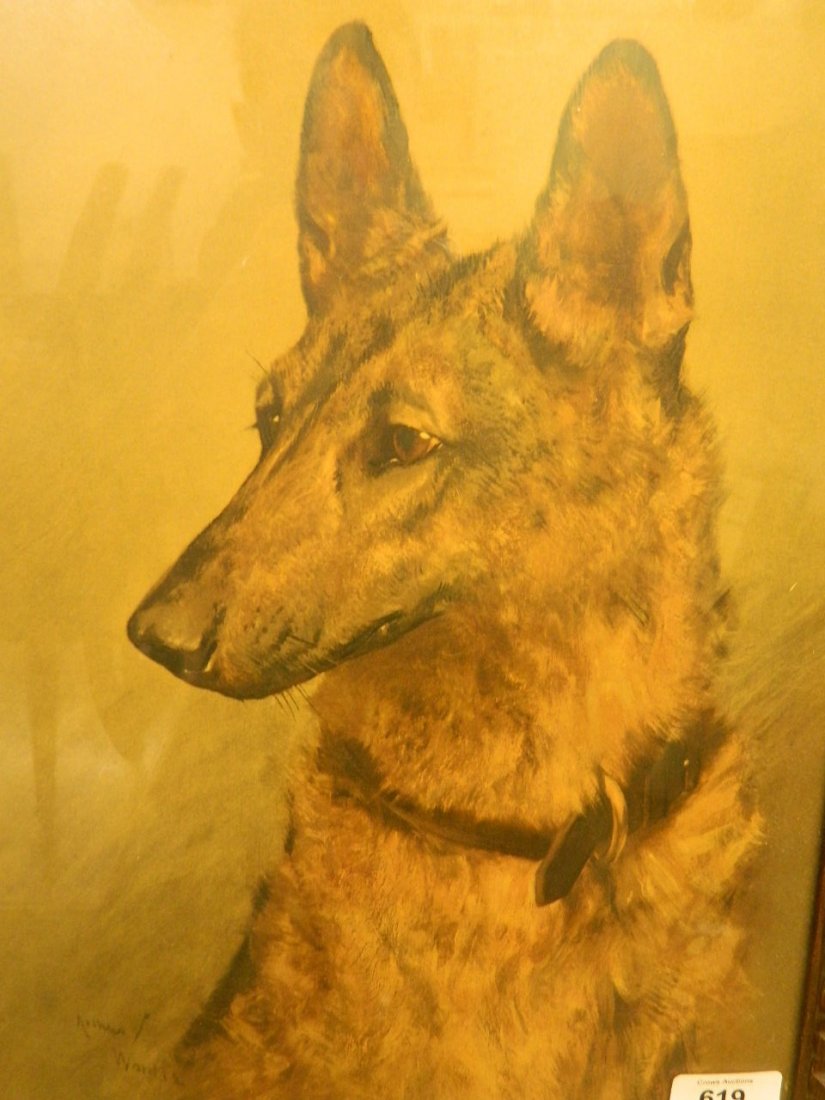 Arthur Wardle, C19th colour lithograph, portrait of a: Arthur Wardle, C19th colour lithograph, portrait of a dog, on a chip carved wood frame, 15" x 11"