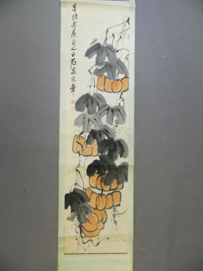 A Chinese watercolour scroll depicting gourds and: A Chinese watercolour scroll depicting gourds and crickets, 13" x 53_"