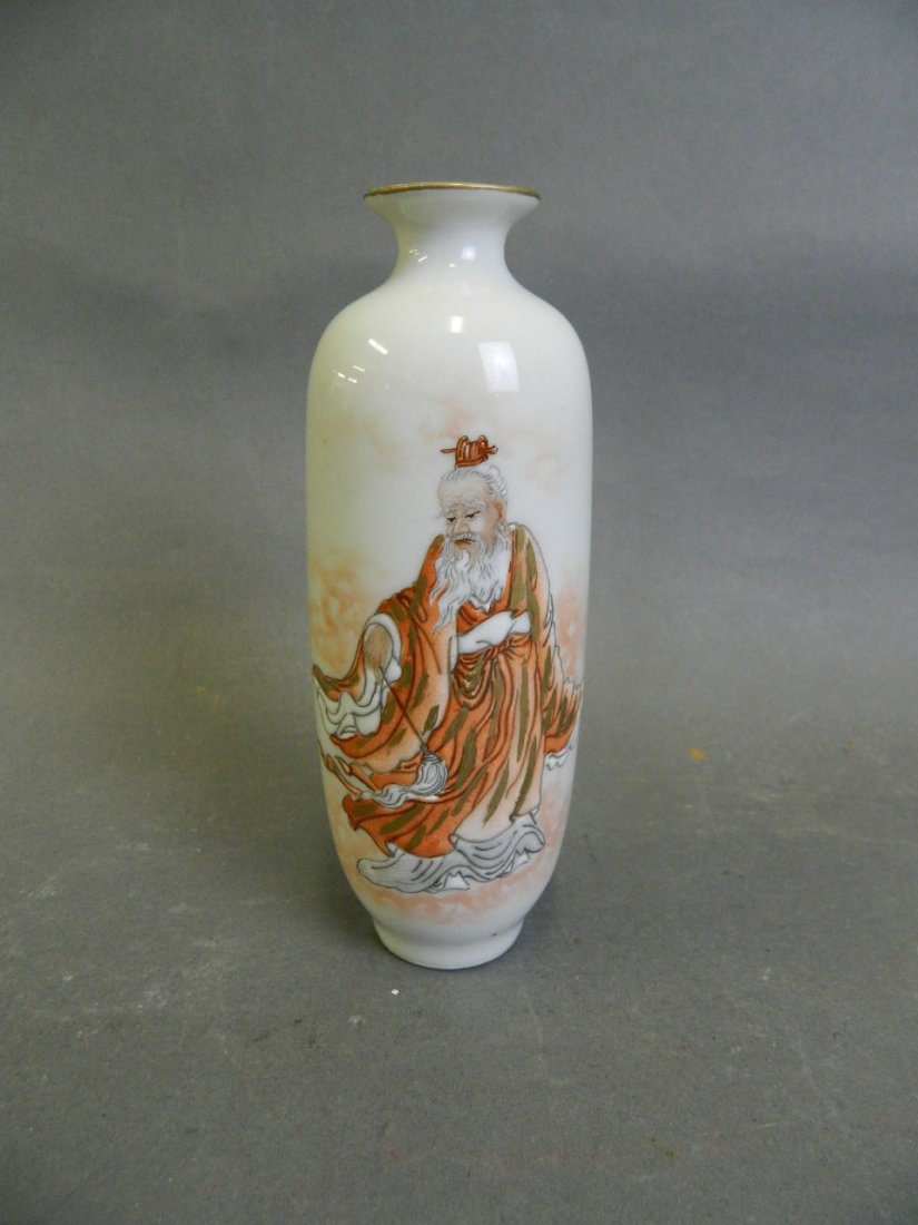 A Chinese porcelain vase with enamelled decoration of a: A Chinese porcelain vase with enamelled decoration of a bearded sage in red robes, seal mark to base, 5_" high