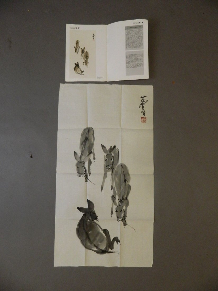 A Chinese monochrome watercolour of four donkeys, (1 of 5)