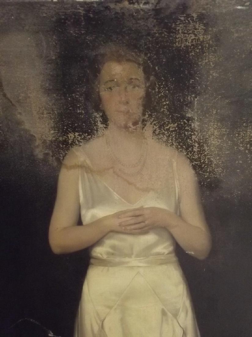 Herbert James Gunn, R.A., oil on canvas, portrait of a: Herbert James Gunn, R.A., oil on canvas, portrait of a lady, signed, labelled verso 'H.J. Gunn Esq, 12 Bedford Gardens, W8', in a gallery frame, 46" x 84" (AF)