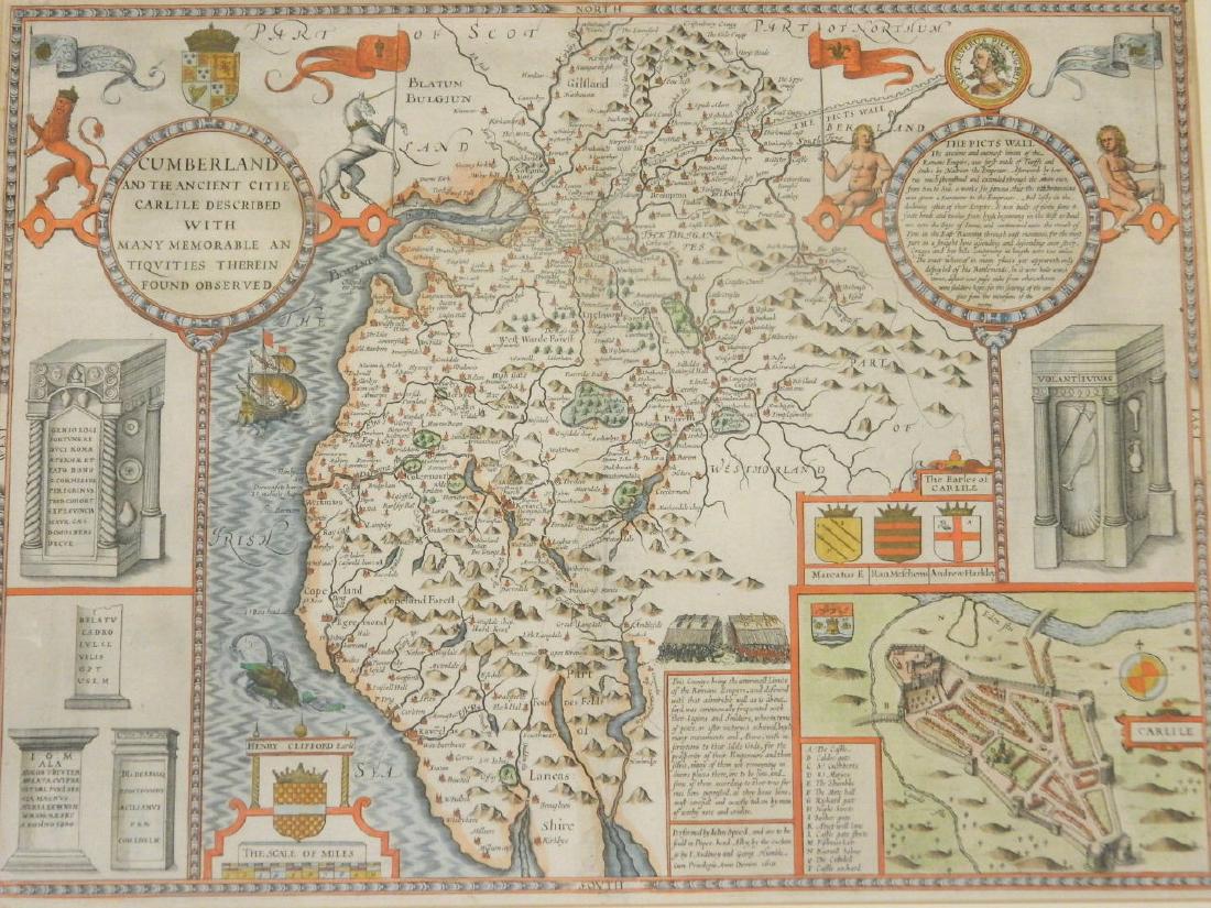 A hand coloured C17th engraved map by John Speed, (1 of 5)