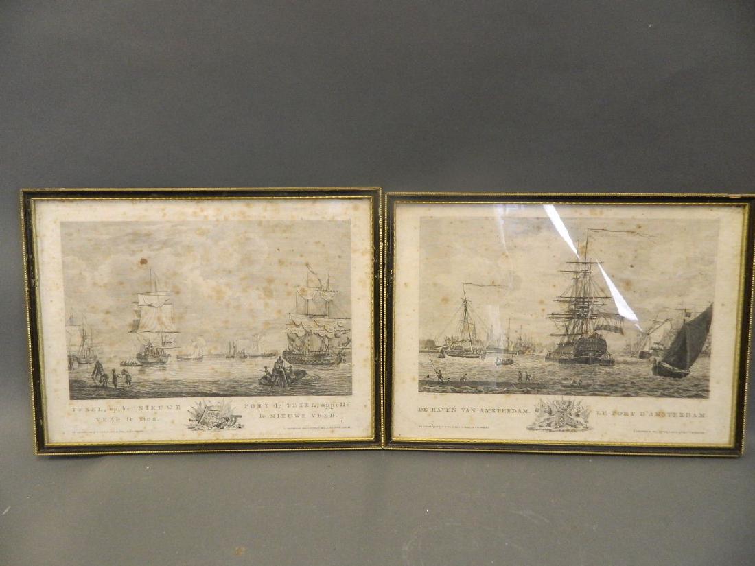 A pair of C19th Dutch engravings of harbour scenes, (1 of 3)