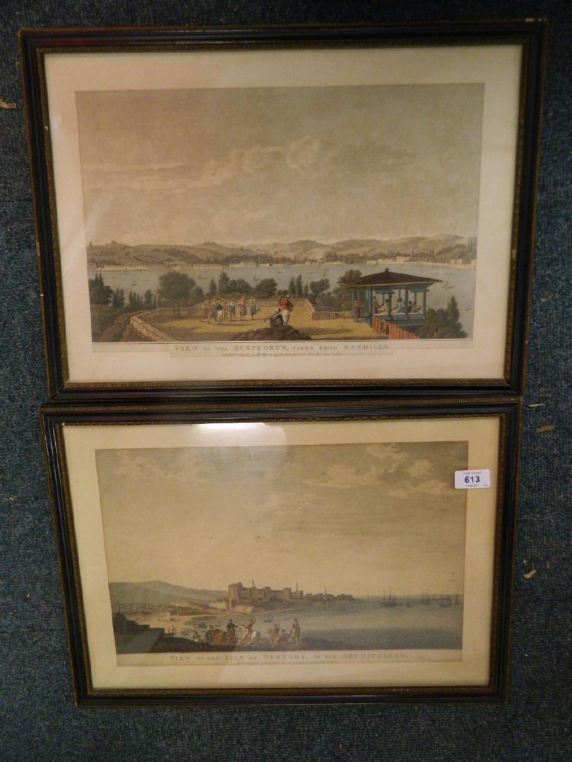 A pair of early C19th colour engravings, 'View of the: A pair of early C19th colour engravings, 'View of the Isle of Tendos in the archipelago', Turkish coastal scenes, published July 20th 1818 by Whittle & Laurie of Flat Street, together with 'View of th