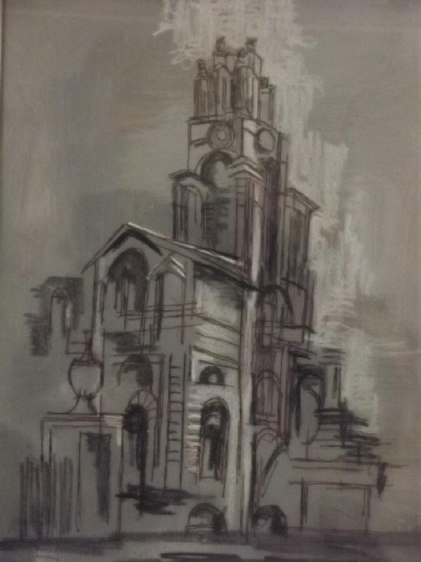 A pen and crayon drawing, heightened with white chalk: A pen and crayon drawing, heightened with white chalk on a painted panel, aspect of a church, signed 'John Piper', 8" x 12"