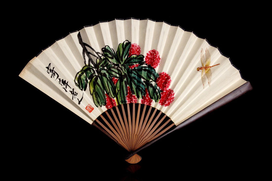 CHINESE PAINTING FAN BY QI BAISHI: Chinese painting Fan, by Qi Baishi 齊白石 (1864 - 1957), Chinese famous painter, also call Ji Ping, signed by Jiping and seal mark. The other side the poetry by Qian Songyan 錢