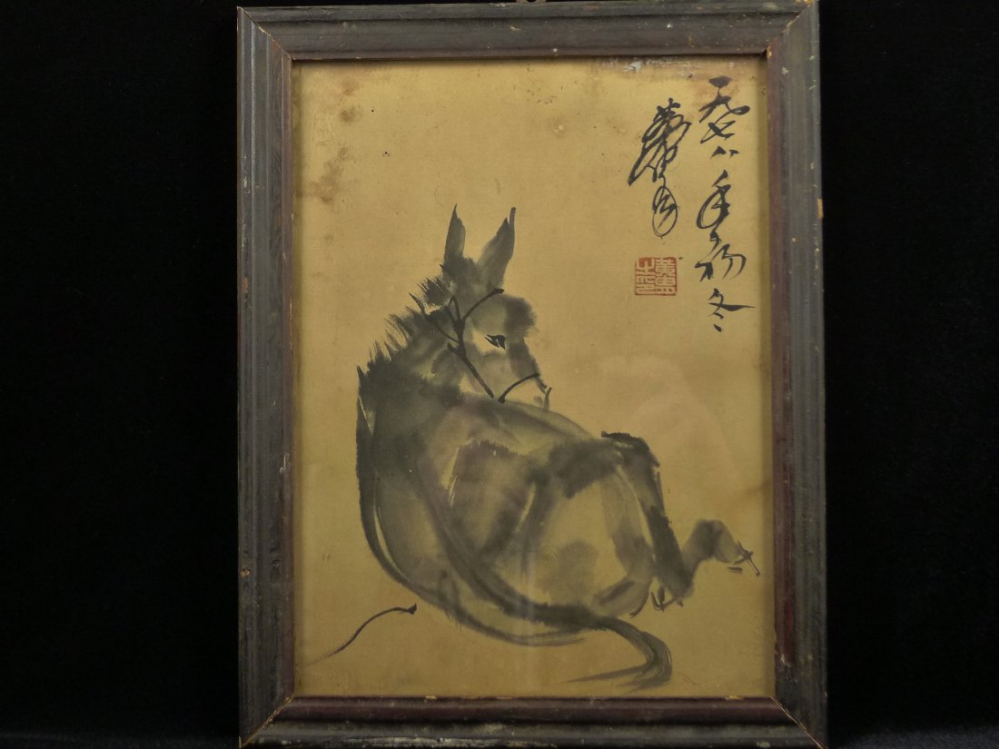 CHINESE PAINTING BY HUANG ZHOU 黃冑: The donkey painting printing by Huang Zhou 黃冑 (1925 - 1997). Chinese painting artist and collector, it's pretty old, size: 9.25" x 7".