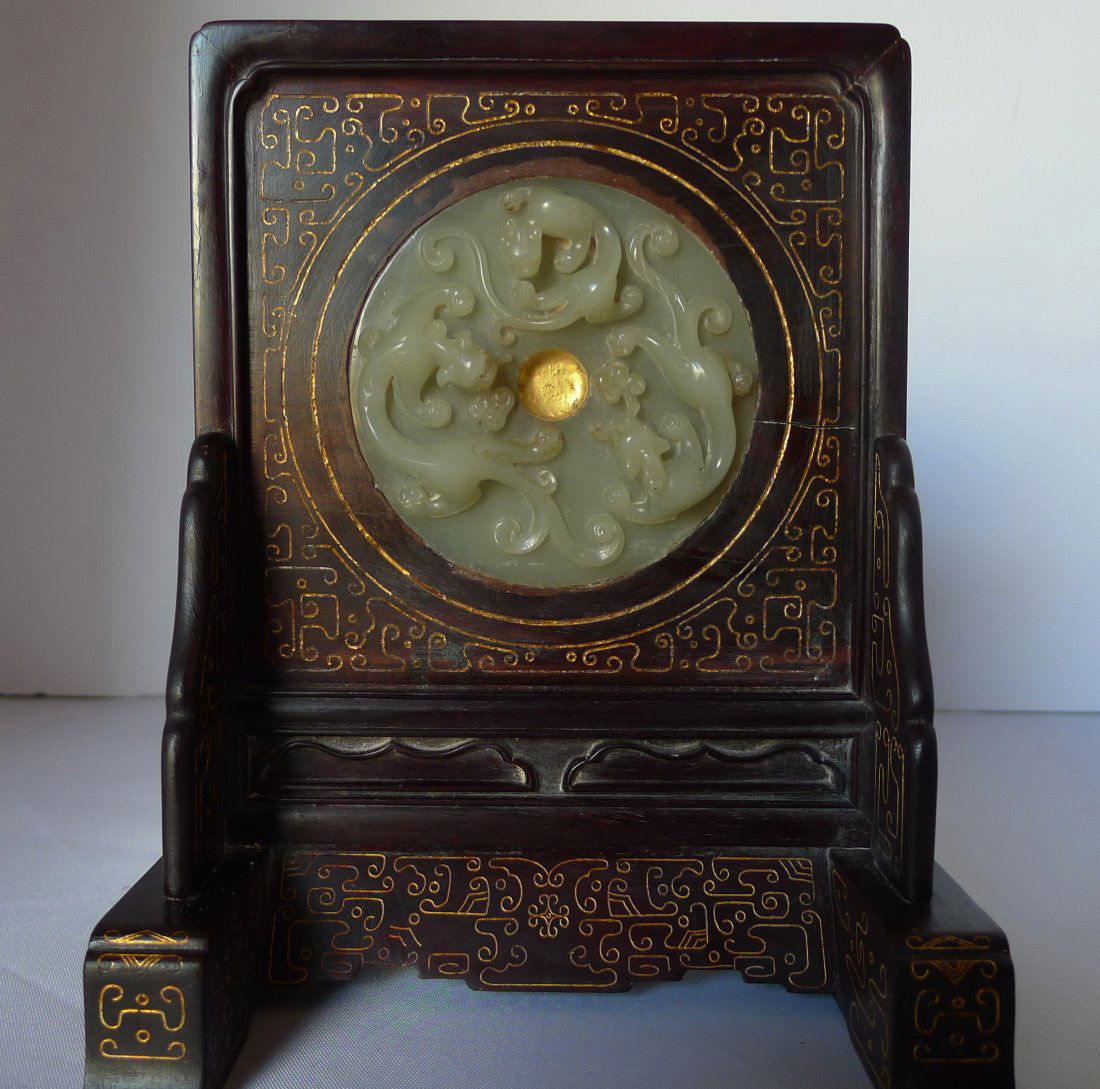 ANTIQUE CHINESE JADE HARDWOOD TABLE SCREEN