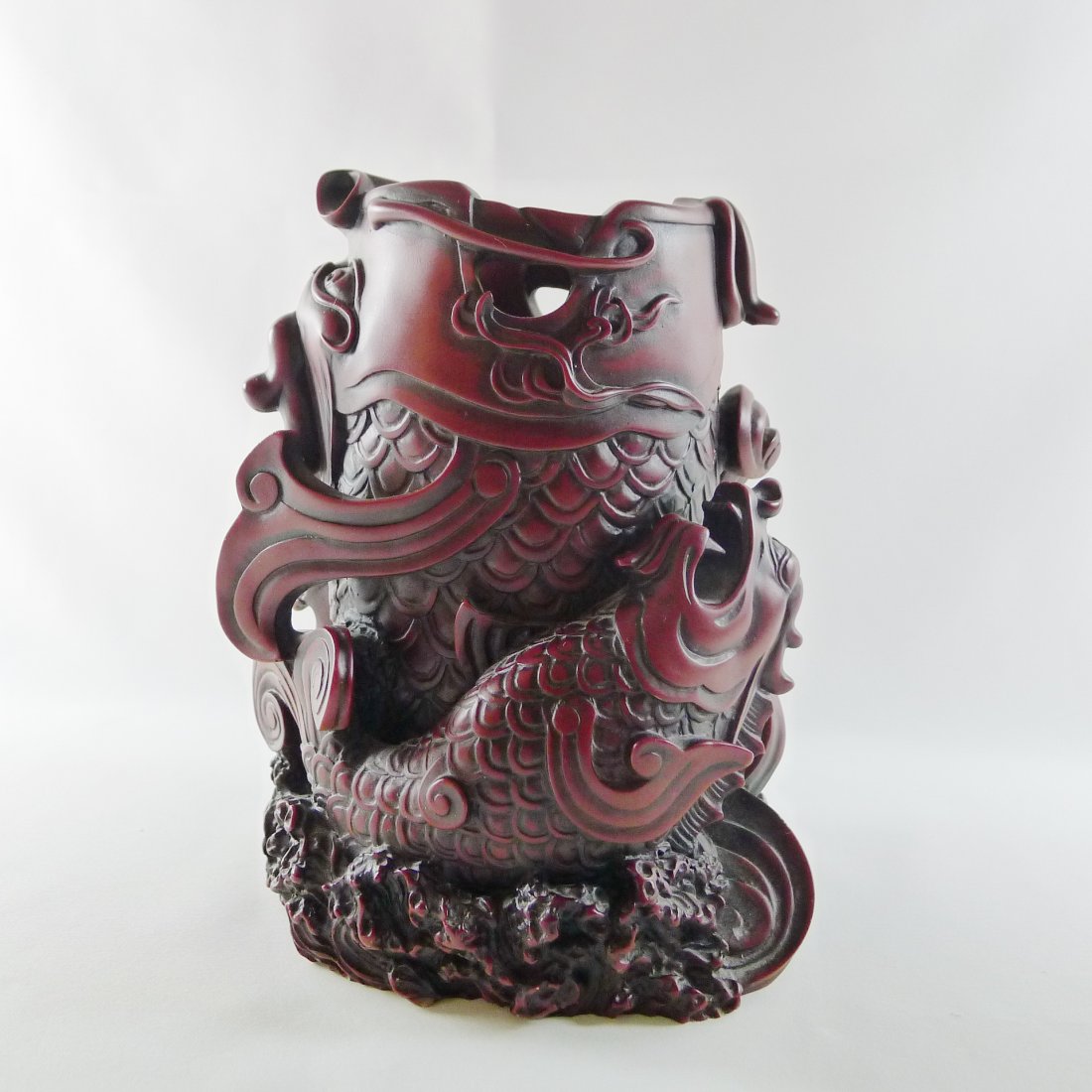 CHINESE SHOU SHAN STONE PEN HOLDER: Chinese shou shan stone fish shaped pen holder, fine carving with dragon and fish, measurement: 6.5" (16.5 cm) height, weight: 2,055 g.