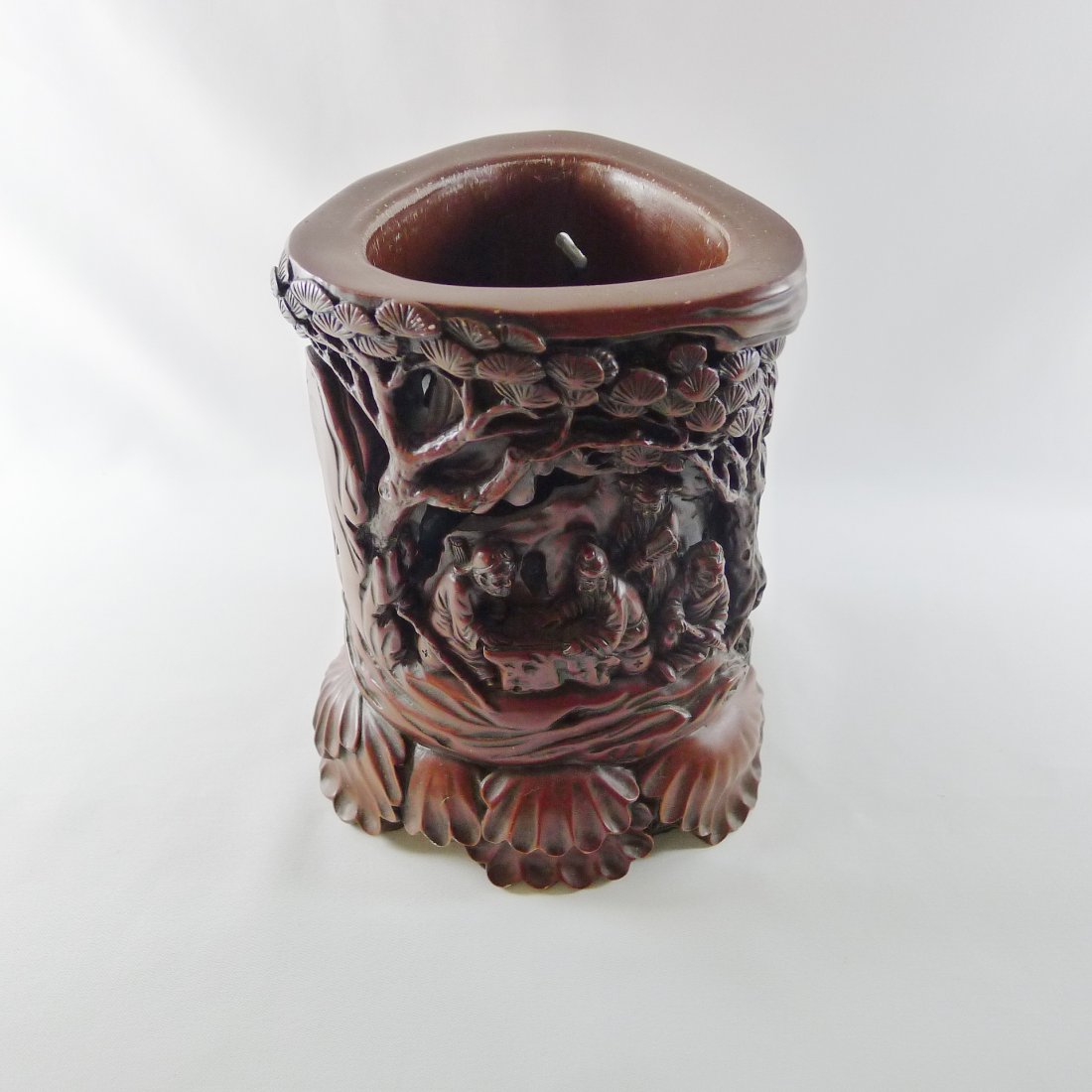 CHINESE SHOU SHAN STONE PEN HOLDER: Chinese shou shan stone pen holder, fine carving with figure and pine, measurement: 7" (18 cm) height, weight: 3,065 g.