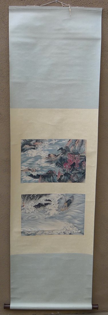 VINTAGE CHINESE SCROLL PAINTING: 陸儼少款捲軸畫 Chinese scroll painting by Lu Yanshao 陸儼少 (1909-1993), modern and contemporary painter, the painting with 2 landscape pain