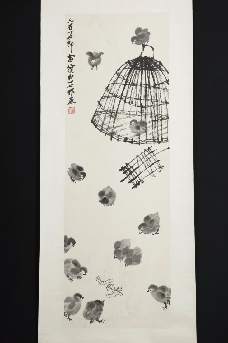 CHINESE PAINTING BY QI BAISHI: Chinese painting by Qi Baishi 齊白石 (1864 - 1957), the painting with climbed the cage chicks, signed with seal marks. Measurement: 39.5" x 13.5" (100 cm x 35 cm).