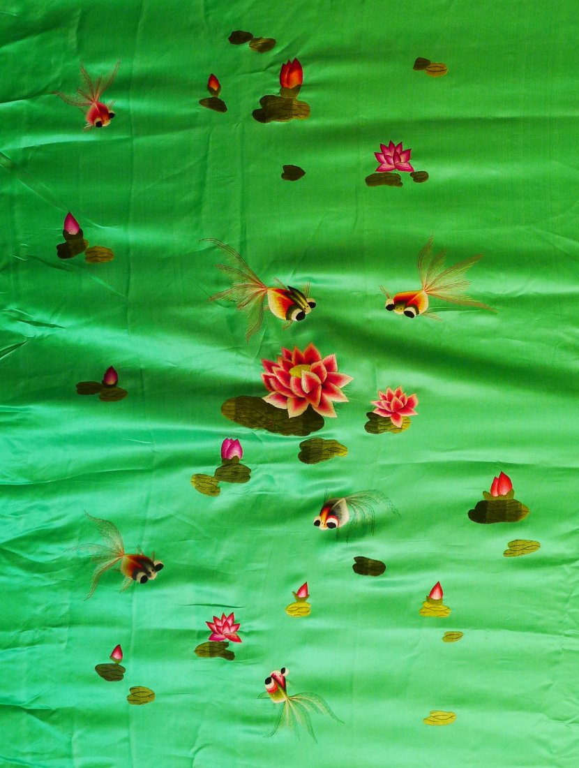 CHINESE SILK EMBROIDERY PAINTING: Chinese silk embroidery painting, design with fish and lotus, exquisite picture on the green silk material, size: 53" x 70".