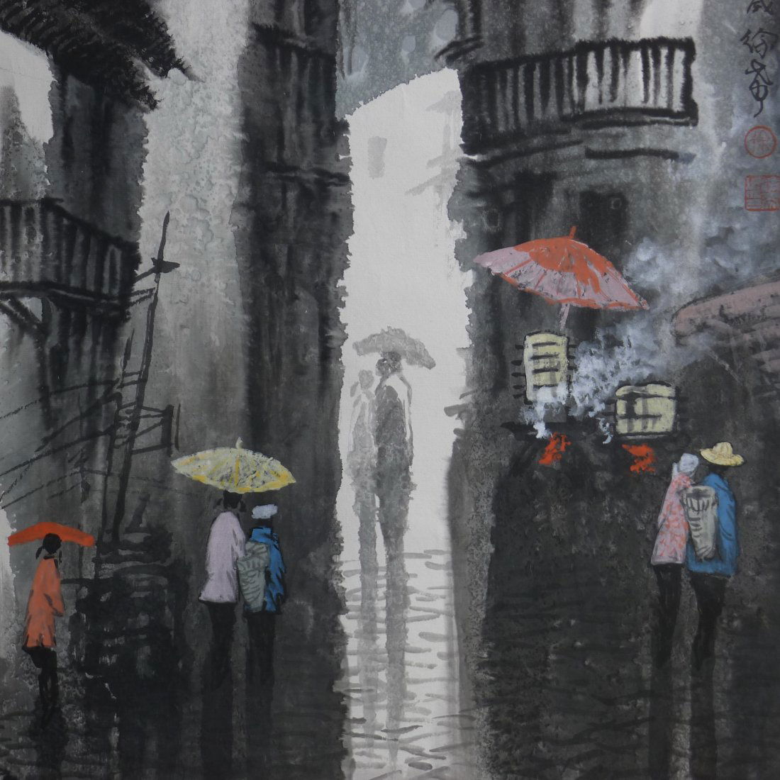 CHINESE PAINTING: Chinese Painting by Xu Xi 徐希 (1940 -), Chinese Artists, the painting of water town with figure and boats, rich of the life breath, signed in Chinese ink and red color with 3 seal marks o