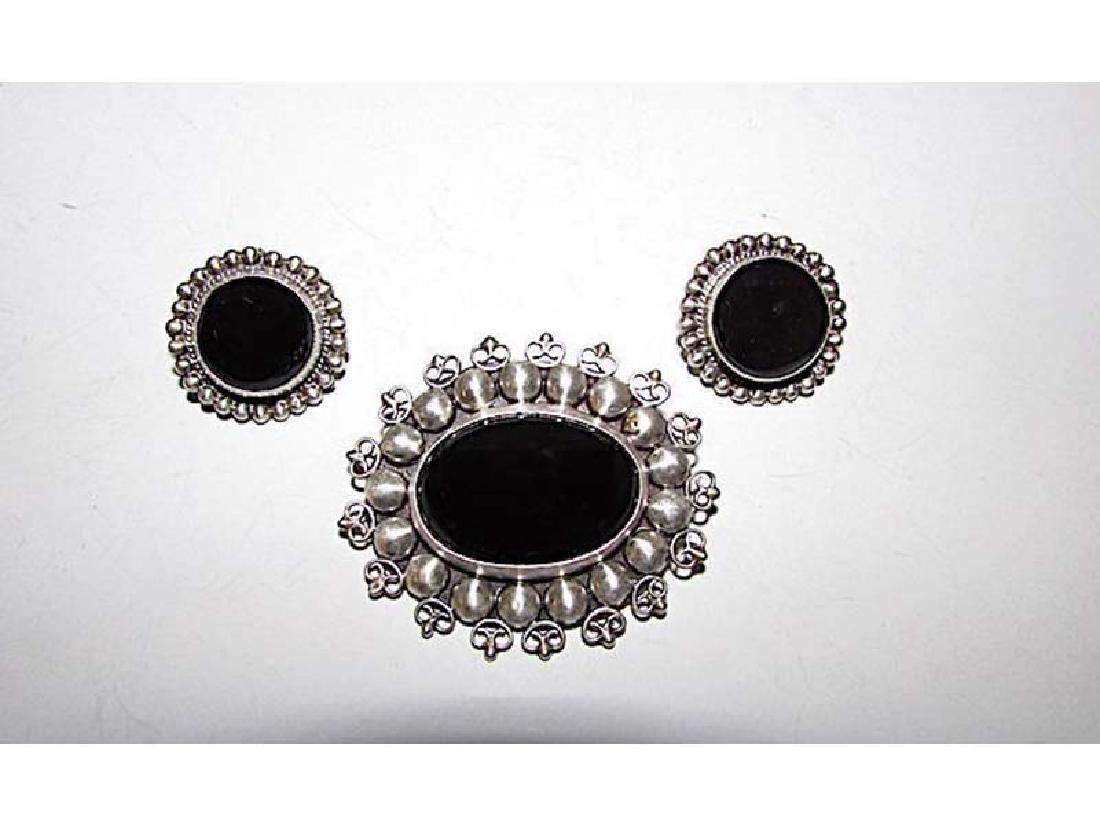 Taxco Mexican Sterling Silver 925 Onyx Brooch and Clip (1 of 5)