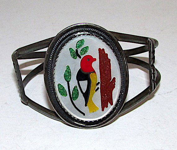 Old Vintage Native American Zuni Bird Mosaic Inlay Cuff (1 of 2)