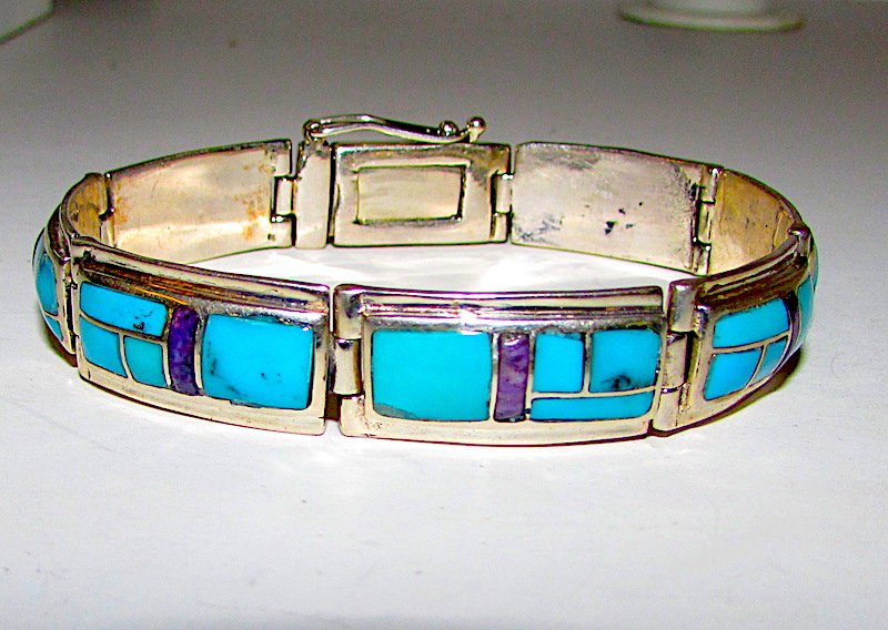 Old Pawn Navajo Inlay Turquoise Sugilite Bracelet (1 of 4)