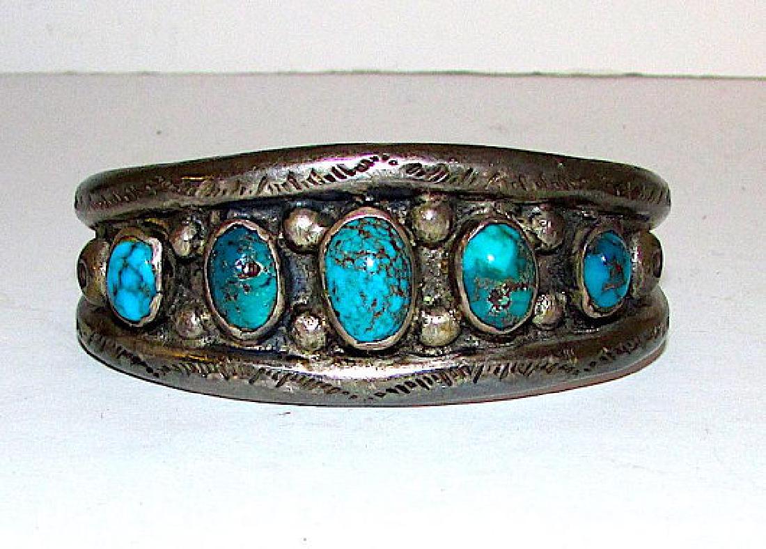 Old Pawn Navajo Sterling Silver Kingman Turquoise Cuff (1 of 3)