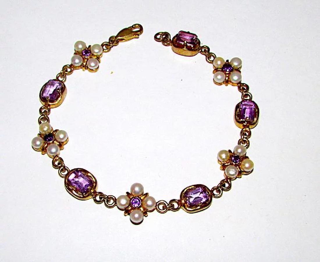 925 Amethyst Pearl Vermeil Nouveau Style Bracelet: For your consideration is this stunning vintage gold over sterling silver, vermeil bracelet accented with purple amethyst and pearl accents. Stunning, romantic, art nouveau style design. The bracelet 