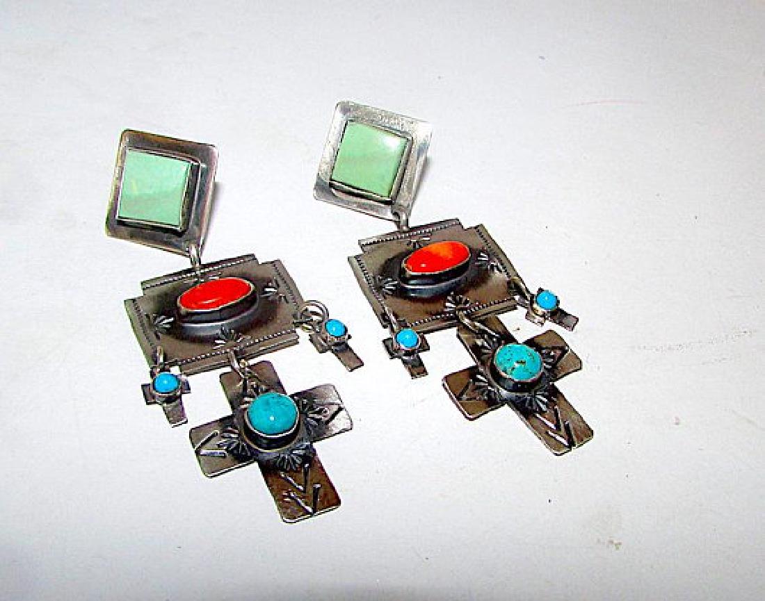 Navajo Rita Lee Sterling Silver Turquoise Orange Spiny: For your consideration is a pair of these exquisite Navajo sterling silver, beautiful green and blue turquoise, and orange spiny oyster cross earrings by the highly collectible Navajo artist Rita Lee.