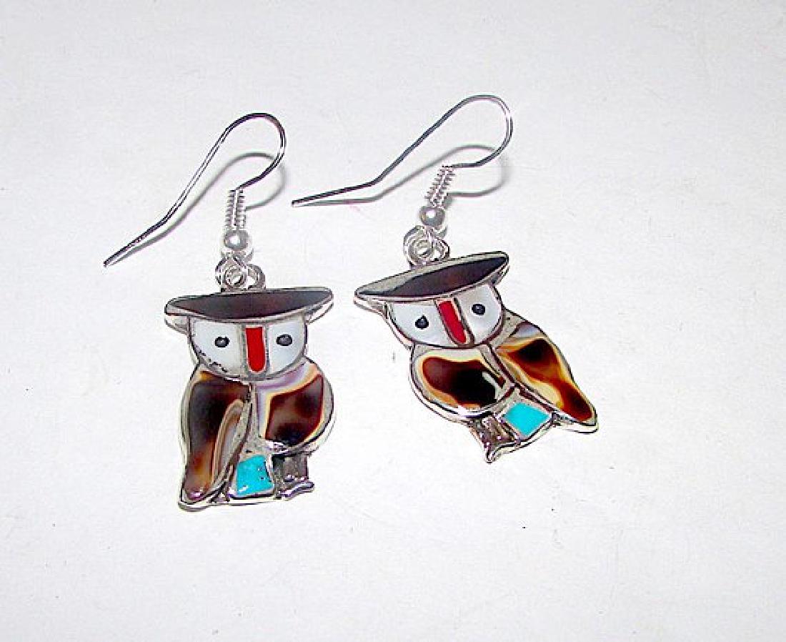 Vintage ZUNI Owl Earrings Sterling Silver Shell (1 of 1)