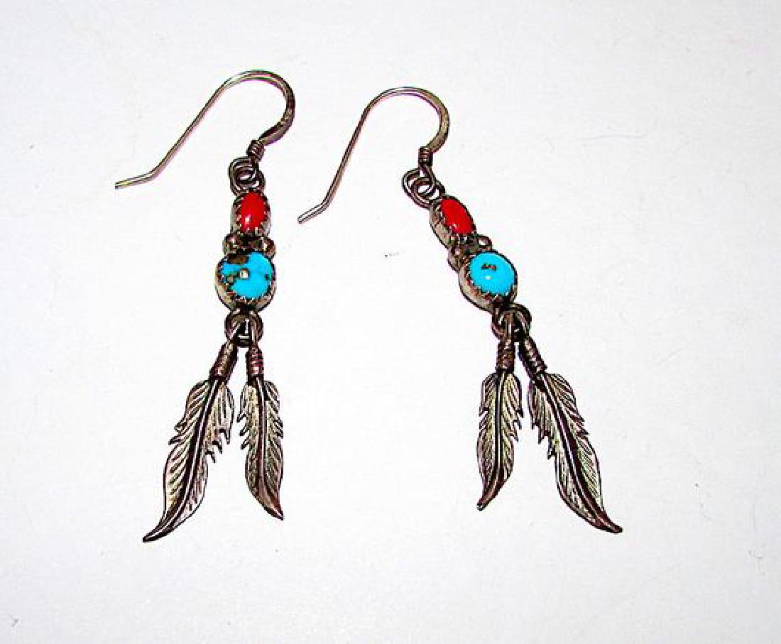 Old Pawn Navajo Sterling Silver Turquoise Coral Feather (1 of 2)