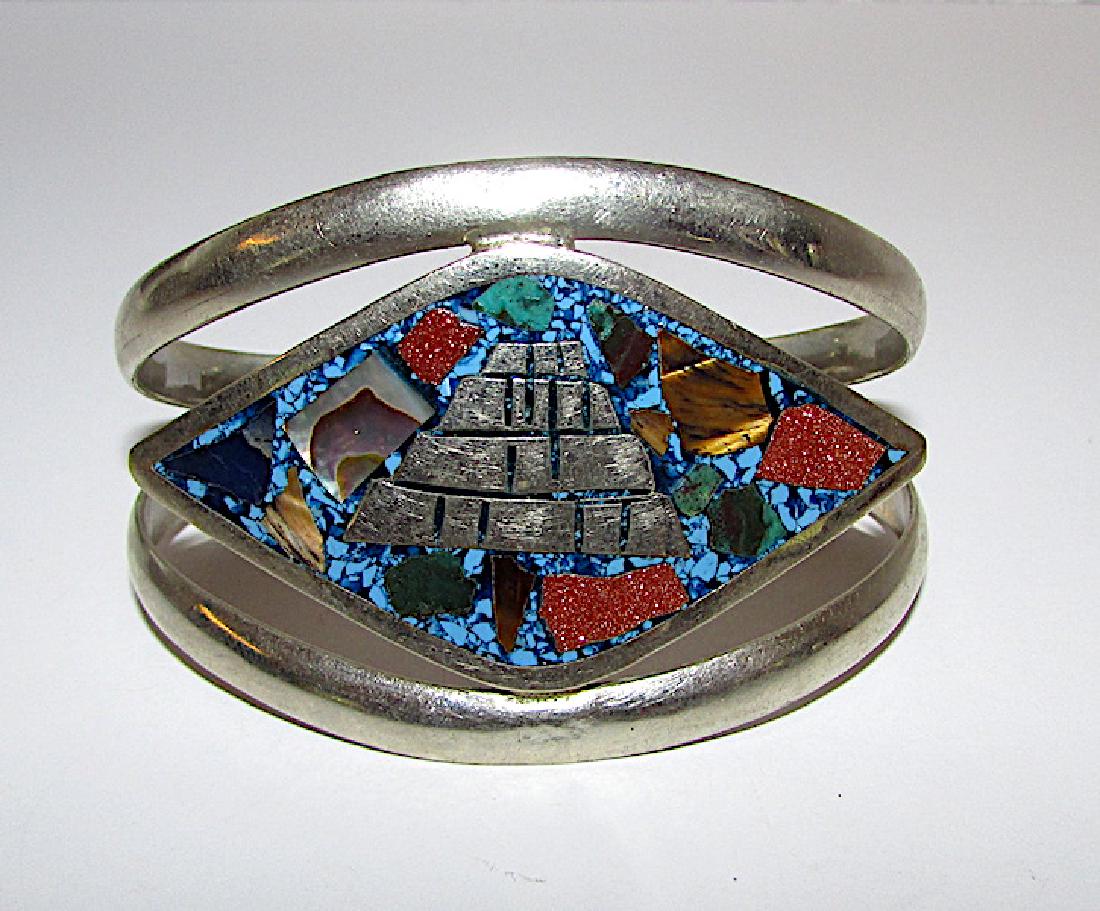Taxco Mexican 925 Sterling Inlay Aztec Design Bracelet (1 of 2)