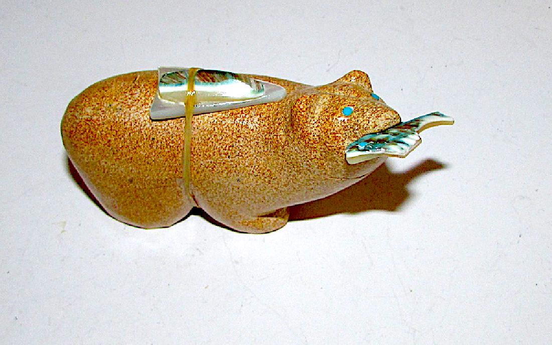 Zuni D Leekya Bear Fetish with Fish. Travertine, MOP (1 of 4)