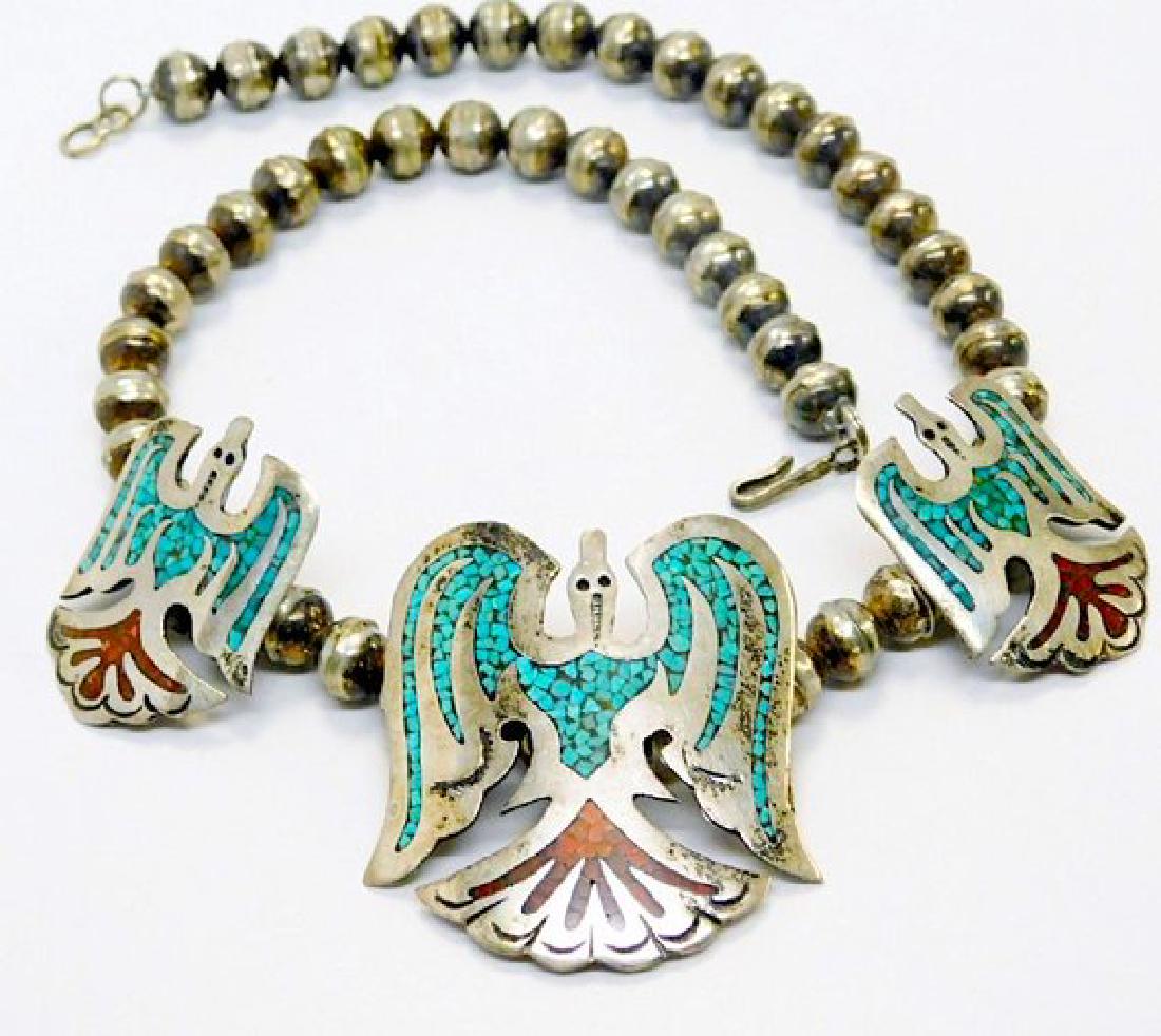 Old Pawn Navajo Ortega Shop Peyote Bird Necklace: For your consideration is this phenomenal vintage Navajo Ortega Shop sterling silver and chip turquoise and coral i inlay Peyote Bird necklace in wonderful vintage condition. The necklace measures abo