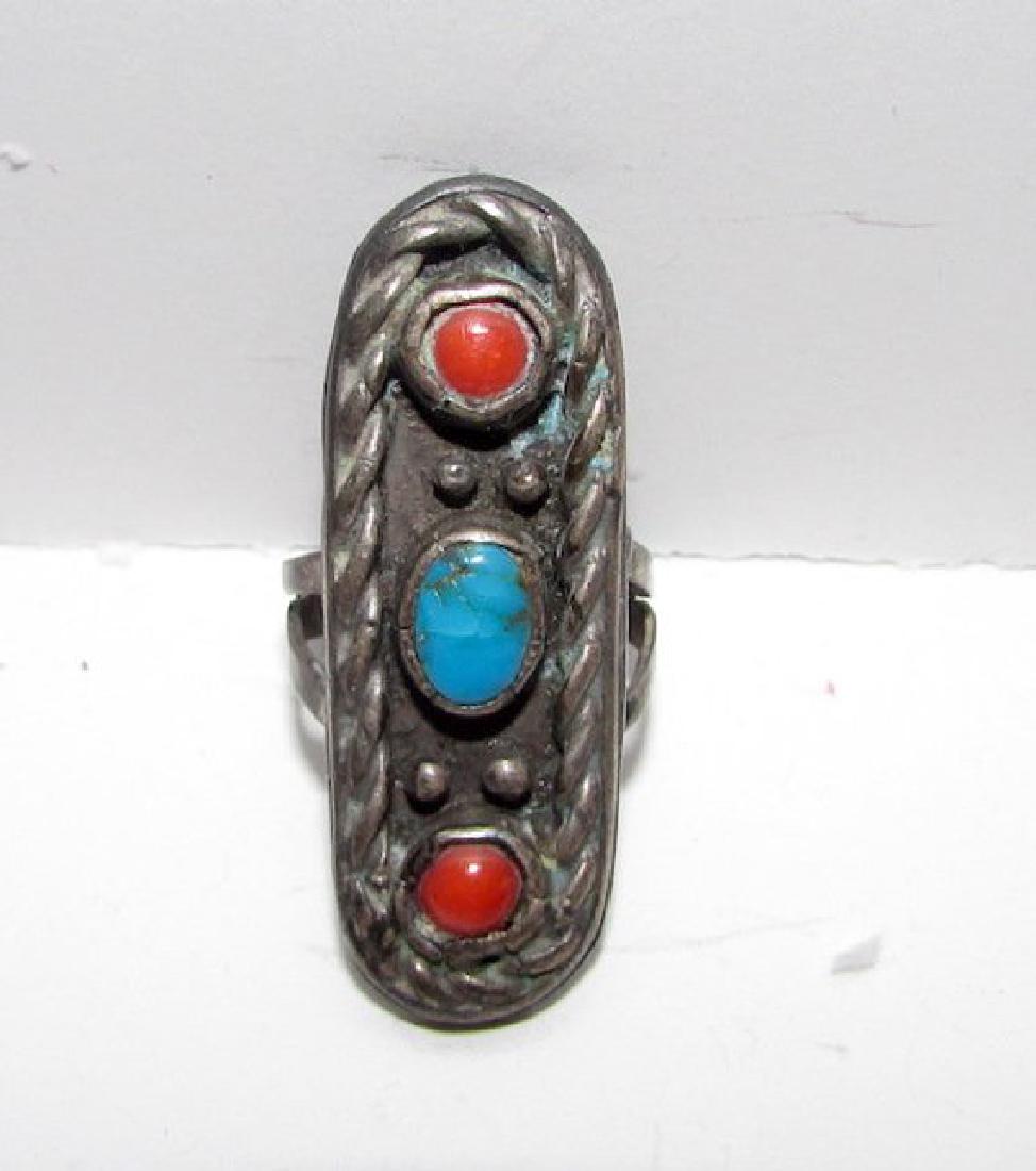 Navajo Sterling Silver Turquoise Coral Ring Size 5 (1 of 2)