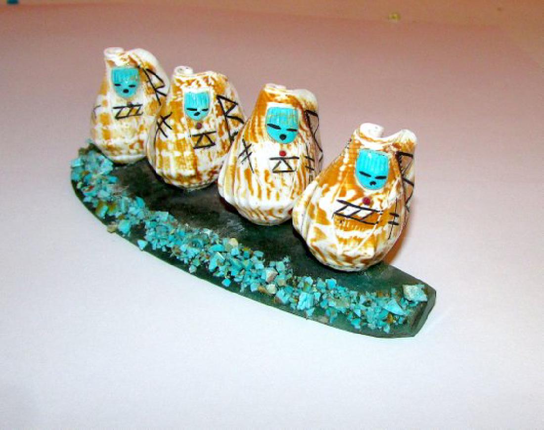 Zuni Corn Maiden Fetish Hand Carved Shell Malachite: Spectacular Zuni Hand Carved Shell, Malachite. Turquoise, Maidens on a boat by the highly collectible Zuni Artist Ed Lementino. Stunning detailed carving. Exceptional craftsmanship and attention to de