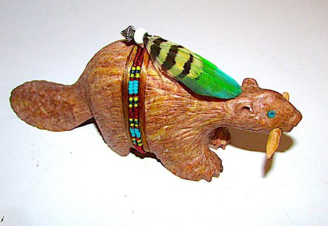 Navajo Harold Davidson Beaver Fetish Alabaster: Stunning, large Navajo beaver alabaster fetish by the highly collectible artist Harold Davidson with turquoise, beads, and feather accents. Spectacular piece with phenomenal attention to detail, award