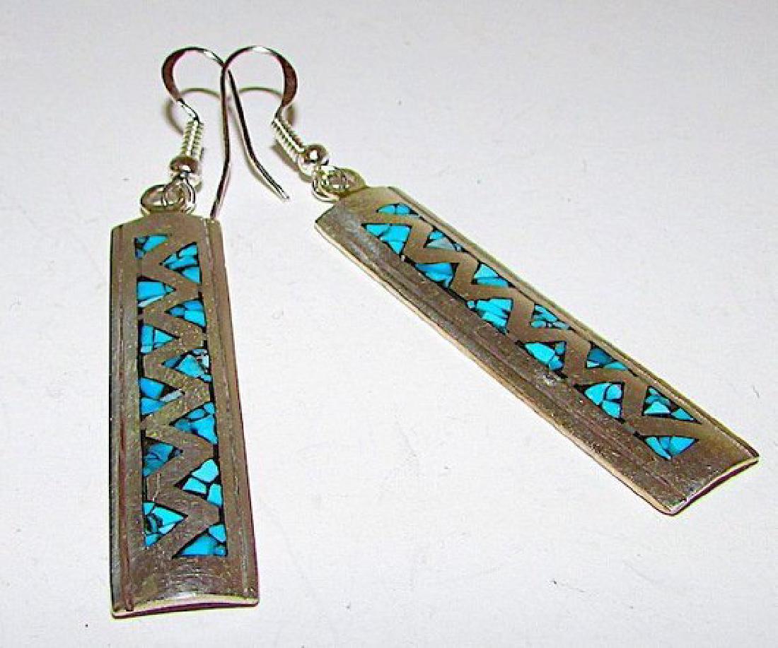 Navajo Charlie Singer Sterling Silver Chip Turquoise: For your consideration is a pair of these fabulous Navajo sterling silver and chip turquoise inlay pierced dangle earrings in wonderful vintage condition by the highly collectible Navajo artist Charli