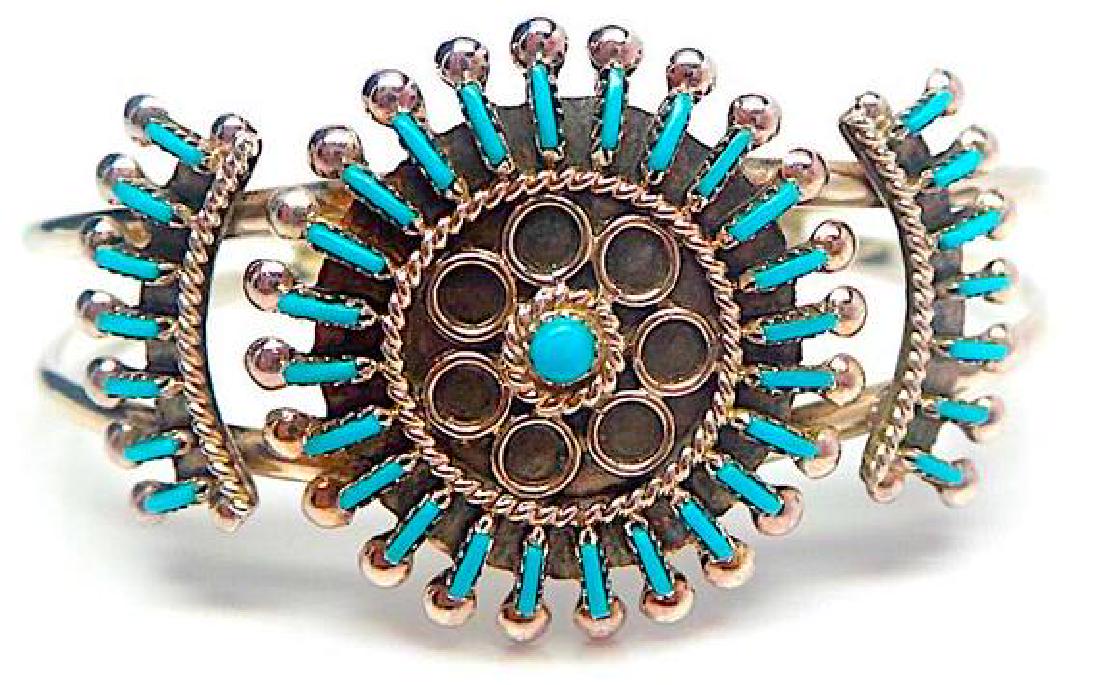 Zuni Sterling Silver Turquoise Cluster Rosette Cuff (1 of 2)