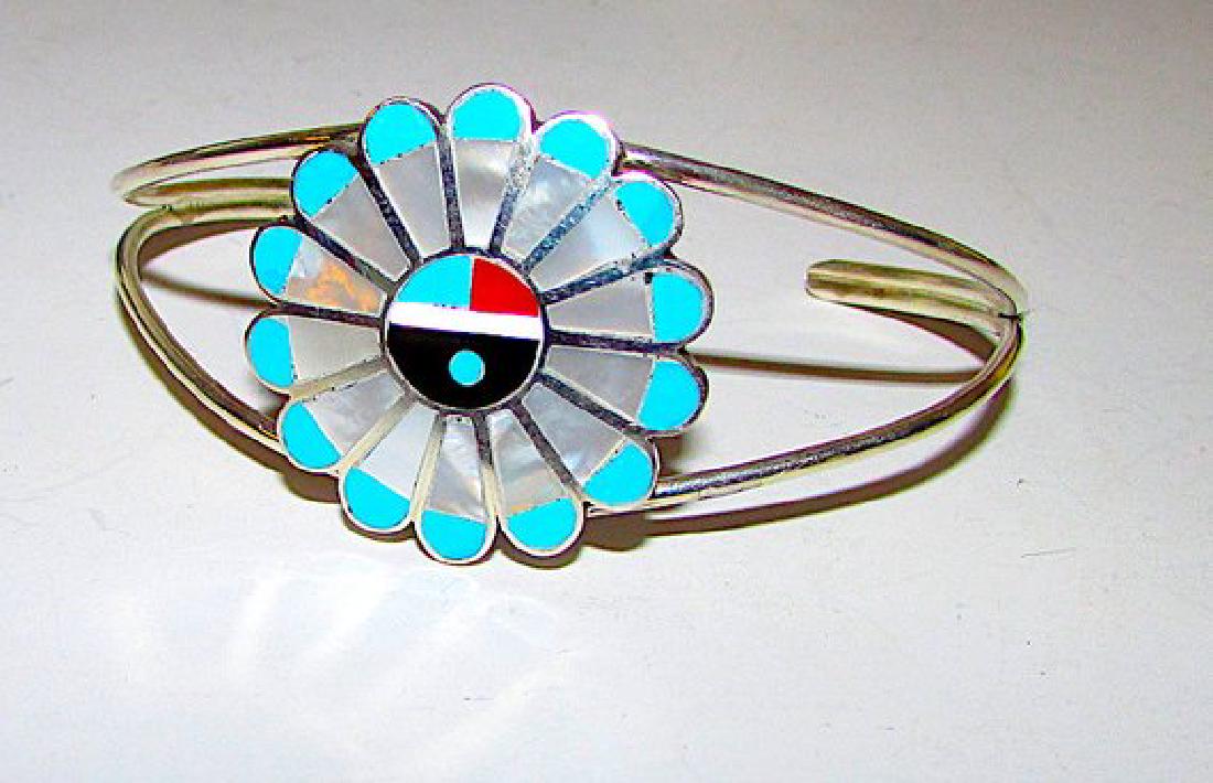 Vintage Zuni Sunface Inlaid Cuff Bracelet Sterling: For your consideration is this exquisite vintage Zuni sterling silver inlaid cuff bracelet by the highly collectible Zuni artist Adrian Wallace. The cuff is in great condition and has been recently po