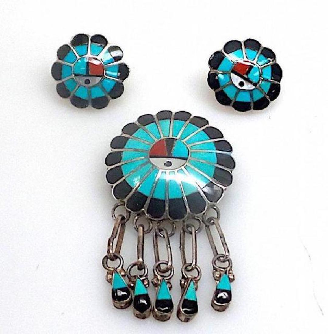 Zuni Sunface Inlay Sterling Turquoise Jet Coral Pin (1 of 2)