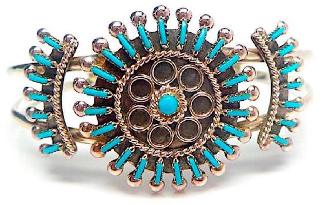Zuni Sterling Silver Turquoise Cluster Rosette Cuff (1 of 3)
