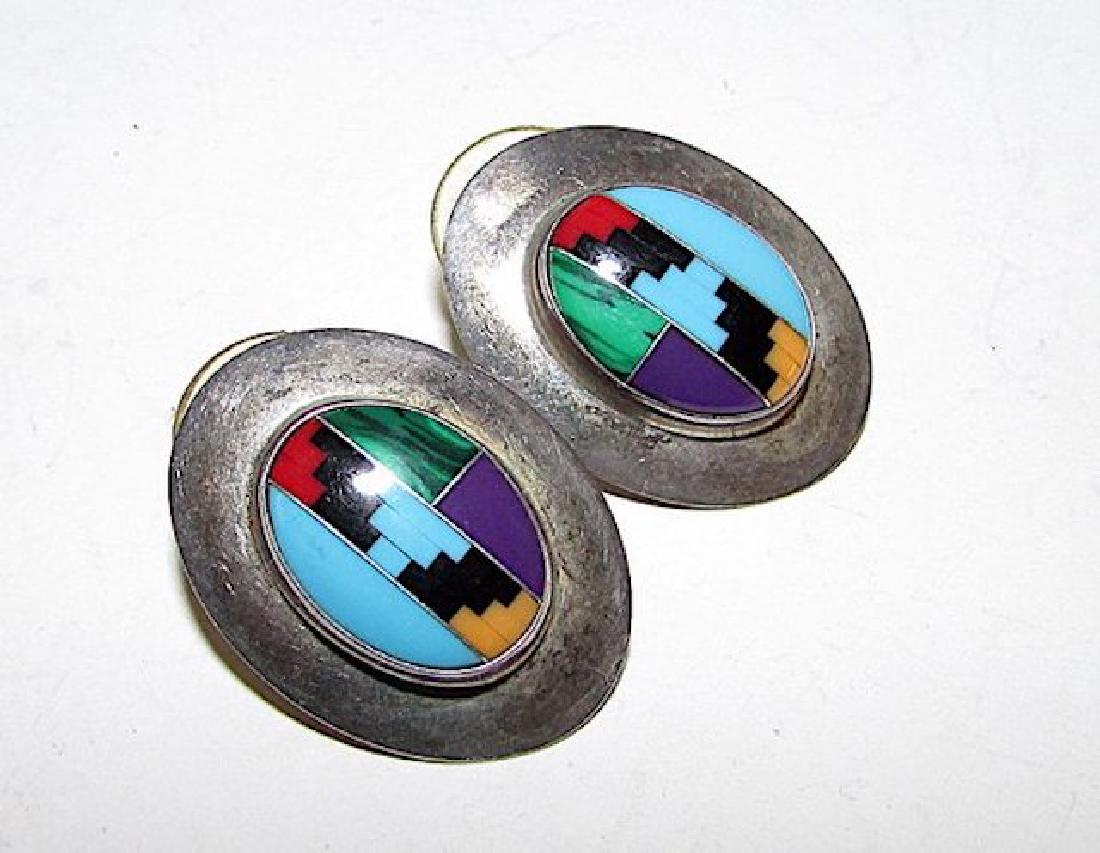 Navajo Sterling Silver Turquoise, Coral, Spiny Oyster,: For your consideration is a pair of these fabulous vintage Navajo sterling silver, turquoise, coral, malachite , spiny oyster inlay statement earrings in wonderful vintage condition. The earrings are