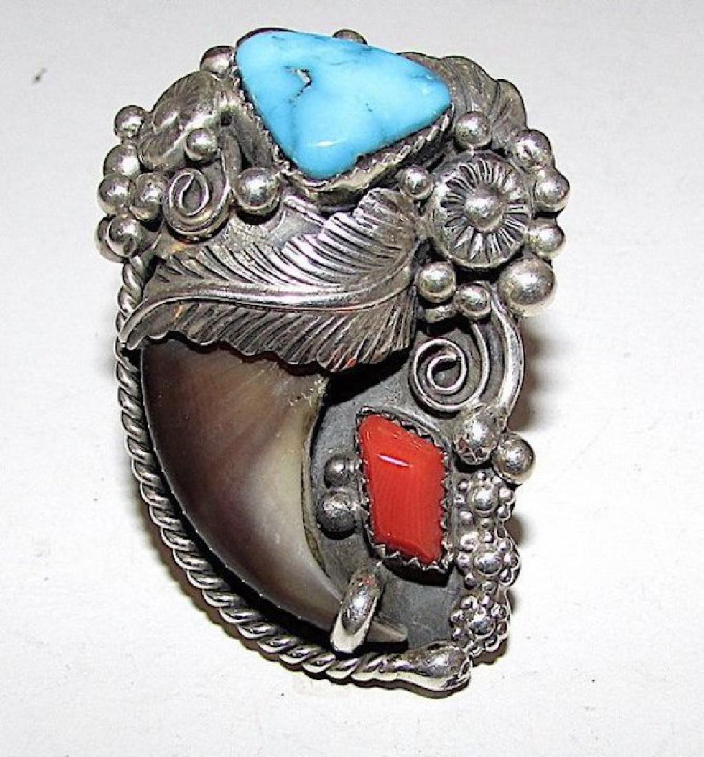 Navajo Henry Sam Bear Claw Ring Sterling Silver Coral (1 of 3)