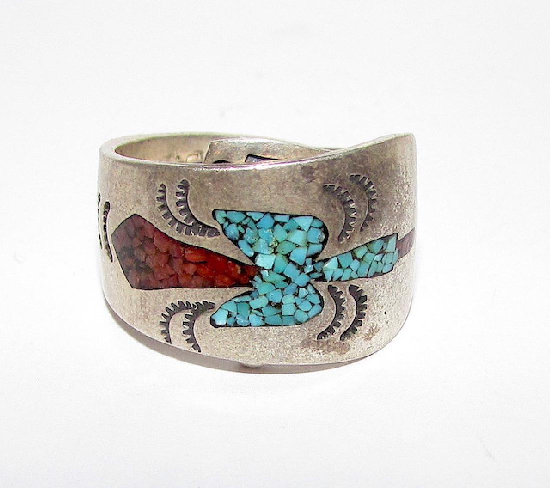 Old Pawn Navajo Sterling Inlay Ring Sz. 10 Thunderbird (1 of 3)
