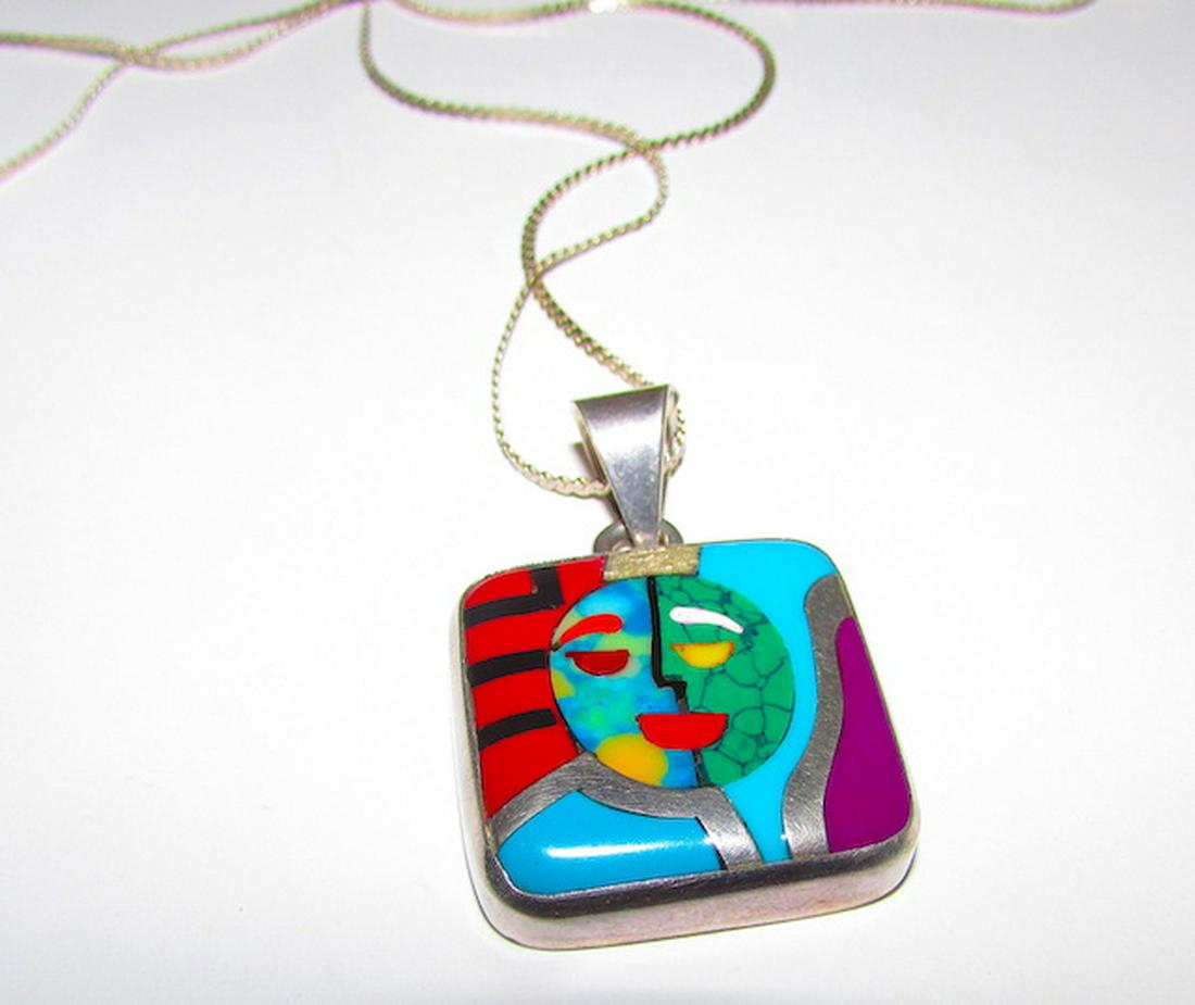 Taxco Mexican Sterling Manuel Porcayo Figeroa Pendant: Taxco Mexican Sterling Manuel Porcayo Figeroa Pendant Necklace. Signed, marked, tested. 20 grams, 29" long total. Pendant 1" bby 1 5/8". Highly collectible
