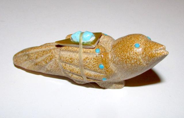 Zuni Travertine Bird Fetish: Zuni Travertine Bird Fetish , Turquoise Accents. Singed. 3 1/4" by 1 1/2".