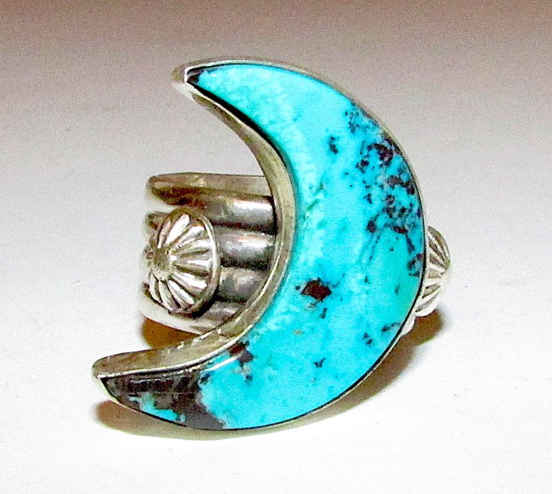 Navajo Ben Begay Stelring Candelaria Turquoise Moon Rin: Fab boho chic crescent moon statement ring. Sterling, turquoise by Navajo artist Ben Begay. Size 8. Amazing piece!