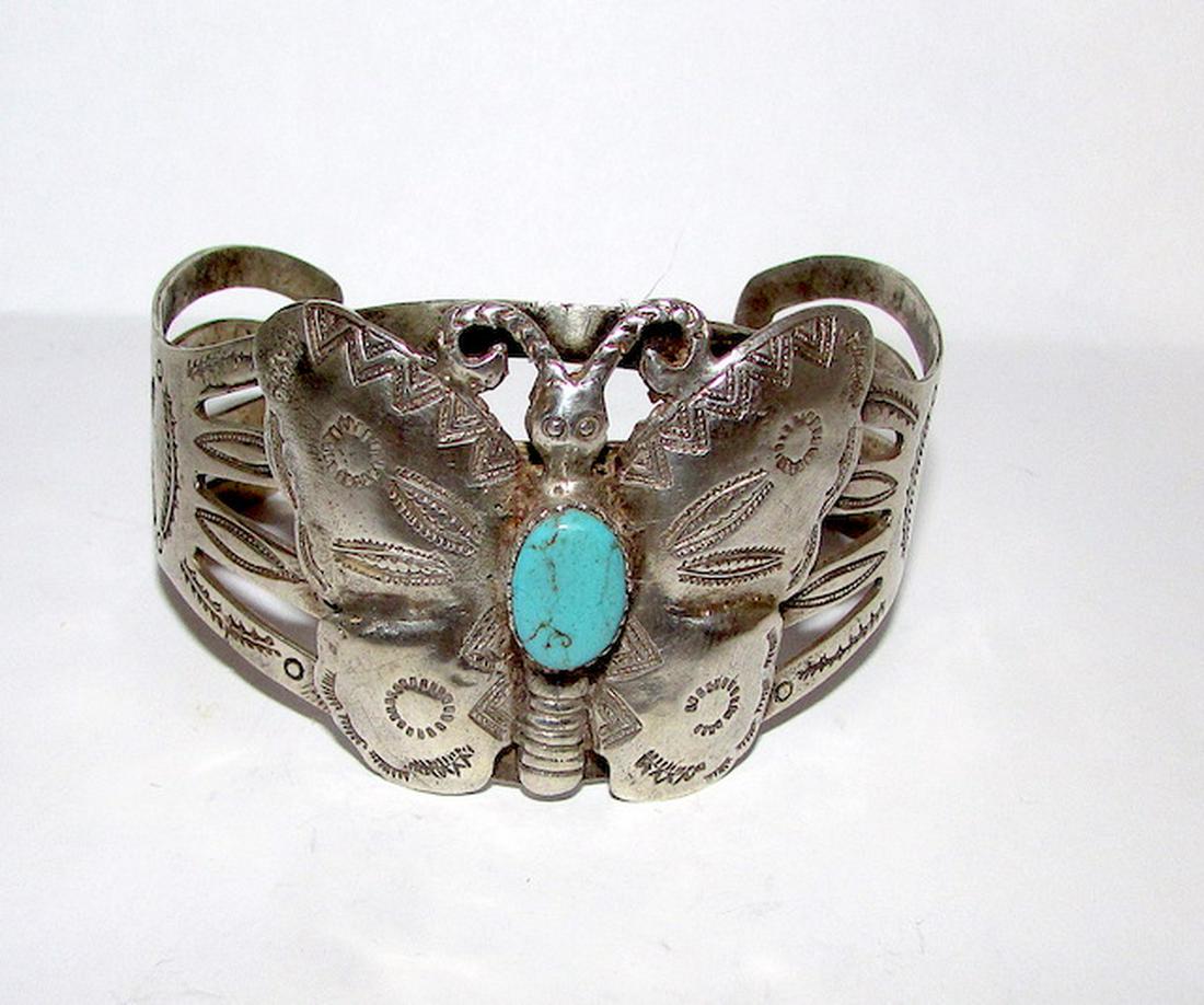 Old Pawn Navajo Sterling Turquoise Butterfly Cuff (1 of 3)