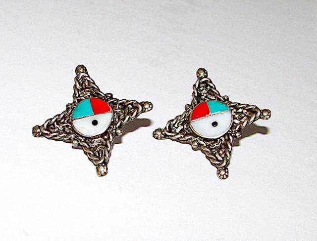 Old Pawn Native American Zuni Sterling Silver Turquoise: For your consideration is a pair of these wonderful, unique vintage Zuni earrings in nice vintage condition. These beauties feature a traditional sunface, eye of God design in sterling, silver accente