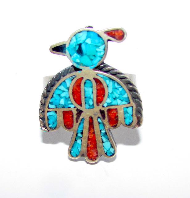 Old Pawn Navajo Sterling Inlay Ring Sz. 9 Thunderbird (1 of 3)