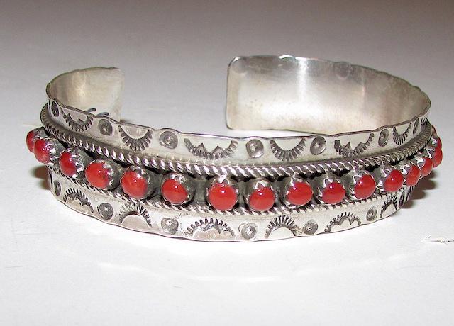 Vintage Zuni Sterling Coral Snake Eye Bracelet (1 of 3)