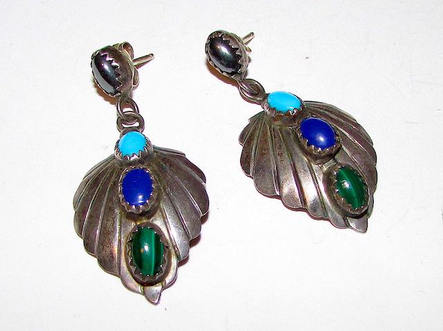 Vintage Navajo Sterling Turquoise Earrings: Vintage Navajo Sterling Turquoise, Lapis, Malachite Earrings. Unmarked as most vintage Native jewelry and have been tested for silver content. 1 1/2" by 3/4".