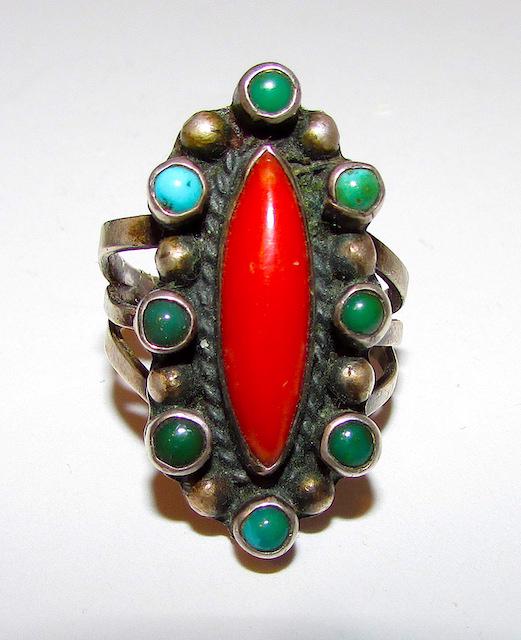 Old Pawn Navajo Turquoise Coral Ring (1 of 3)